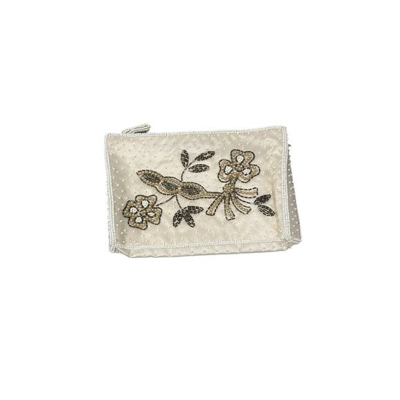 Vintage Bags By Dormar Japan Cream Floral Beaded Zipper Pouch Evening - Picture 1 of 9
